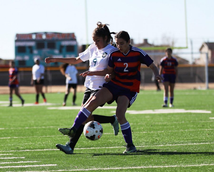 A step closer to getting the ball, Victoria Gonzalez hustles for possesion against the Falcons Jan. 11 at Pebble Hills.
