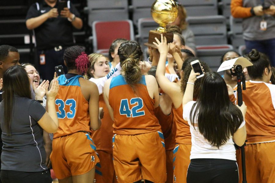 Pebble Hills celebrates winning their first district title on Feb. 12 at Sul Ross State University in Alpine, Texas.