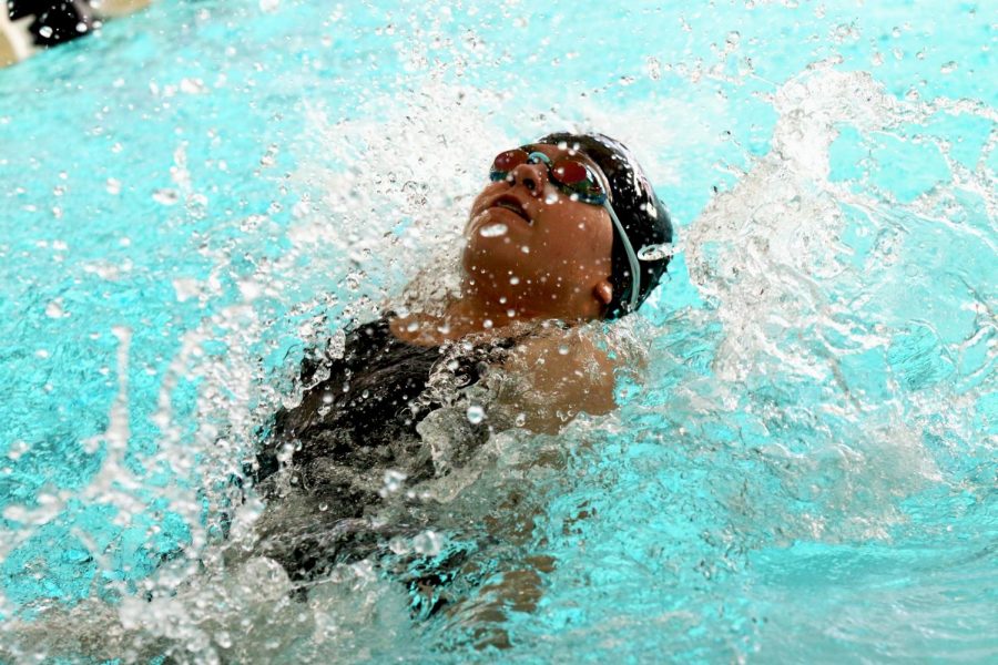 Freshman Victoria Gonzales backstrokes during the second meet of the year at the S.I.S.D. Aquatic Center Friday, Oct. 29. Photo by Sophia Purdy