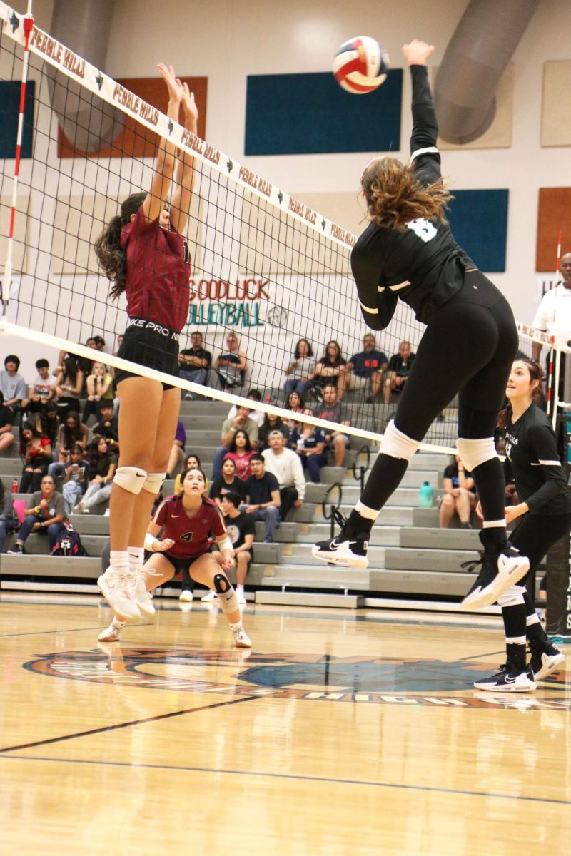 Sophomore Melina Gonzalez spikes the ball against El Dorado Tuesday, August 29th.  Photo by Caitlyn Griffitts