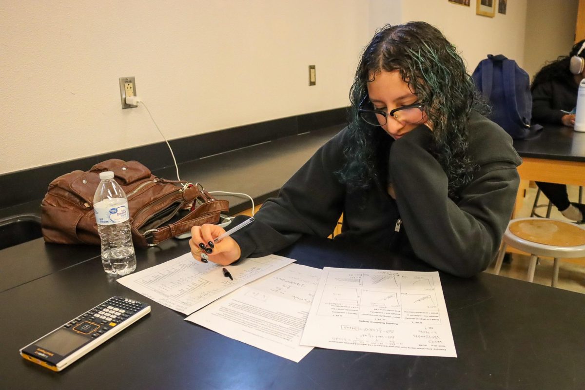 Junior Annette Olivas works during 6th period AP course Tuesday afternoon, May 6. Photo by Fabiola Alvarado